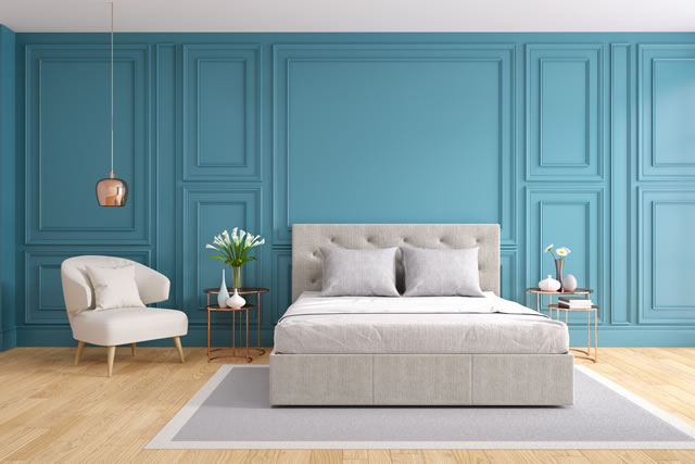 Modern and vintage bedroom design,Cozy gray room concept ,blue wall and wood floor,3d rendering