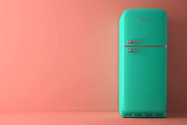 Pink Interior with blue fridge 3D illustration