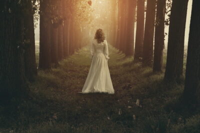 森の中を歩いている女性の後ろ姿
