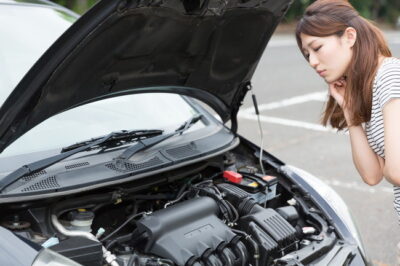 故障した車と女性