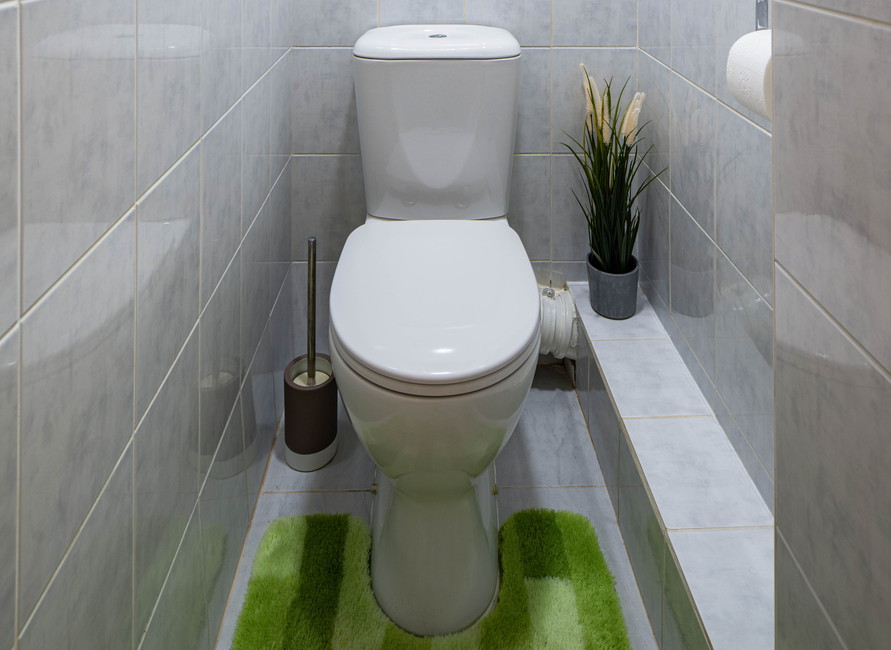洋式トイレと緑のトイレマット