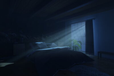 窓から光が差し込んでいる薄暗い寝室