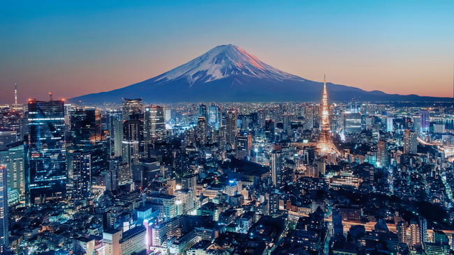富士山と日本の街並み