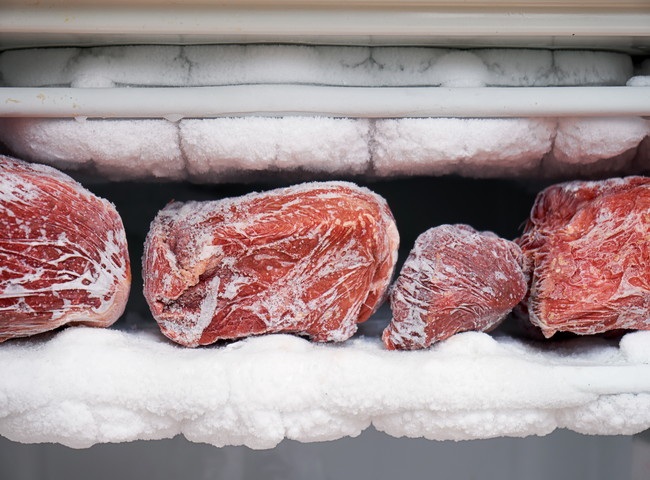 冷凍庫の中の凍ったブロック肉