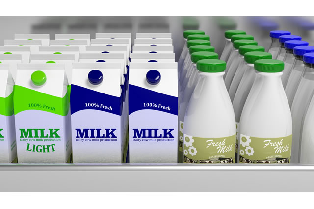 Various 3D milk containers on refrigerator shelve