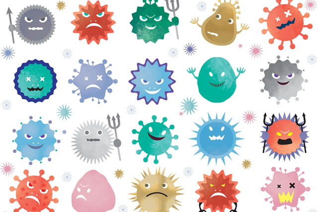 ウィルス：ばい菌　菌　細菌　感染　感染症　セット　水彩　風邪　病気　隔離　菌　除菌　ウイルス感染